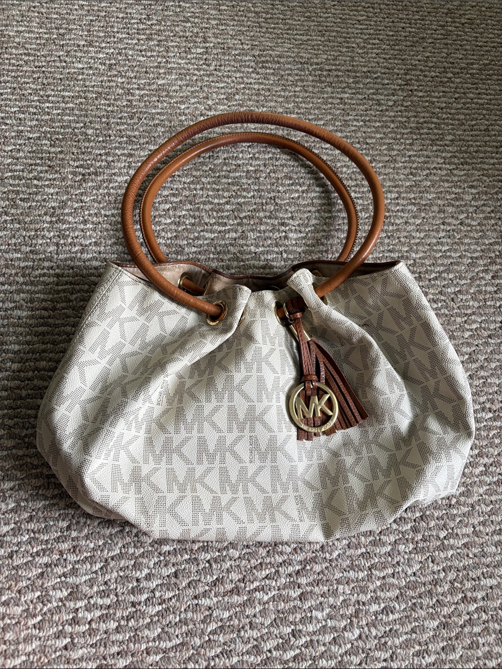 Michael Kors Cream MK Logo Ring Tote with Brown Leather Handles